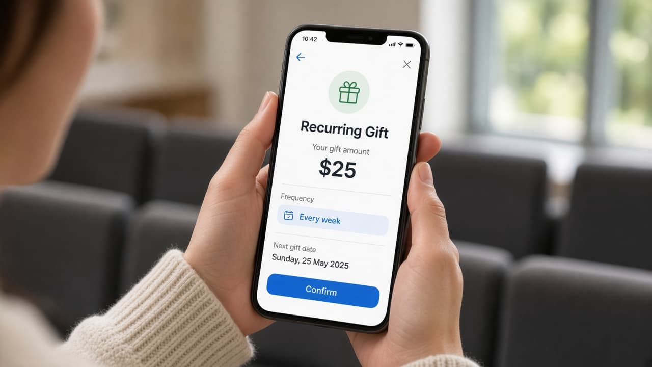 Donor confirming a weekly Recurring Gift on their phone